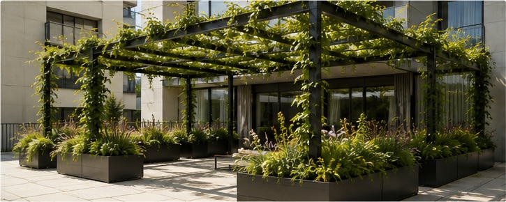 Projection de pergola végétalisée lestée par bacs